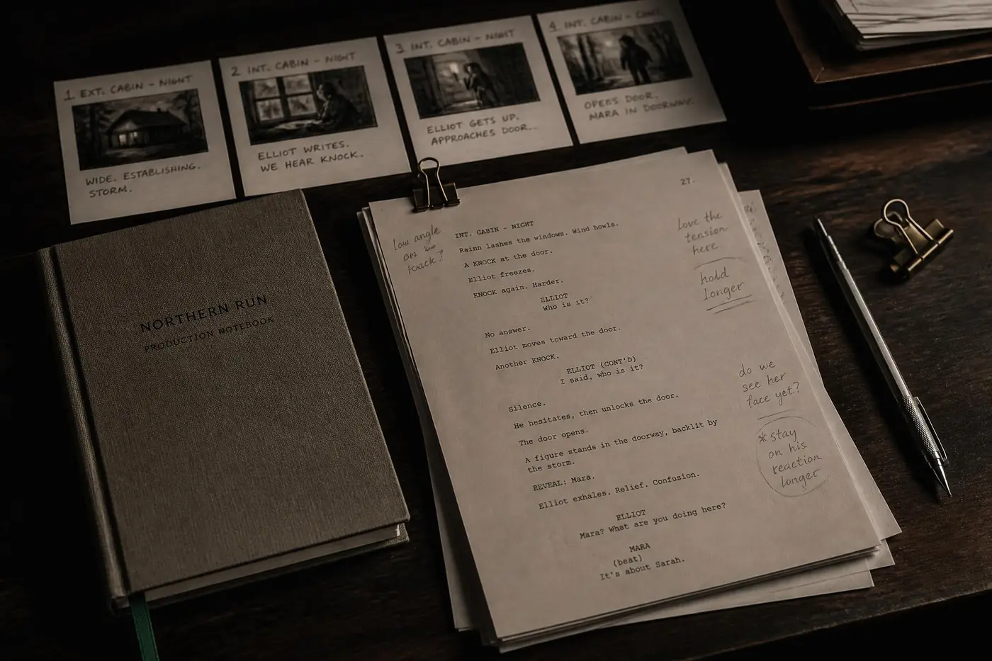 Annotated screenplay pages, a production notebook and storyboard cards laid out on a desk
